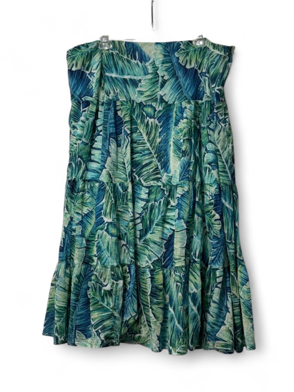 Chaps Denim Womens XXL Palm Leaf Tiered Midi Skirt 100% Cotton Tropical Green